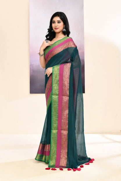 Piyari Fashion Women's Teal Embellished Zari Border Cotton Saree
