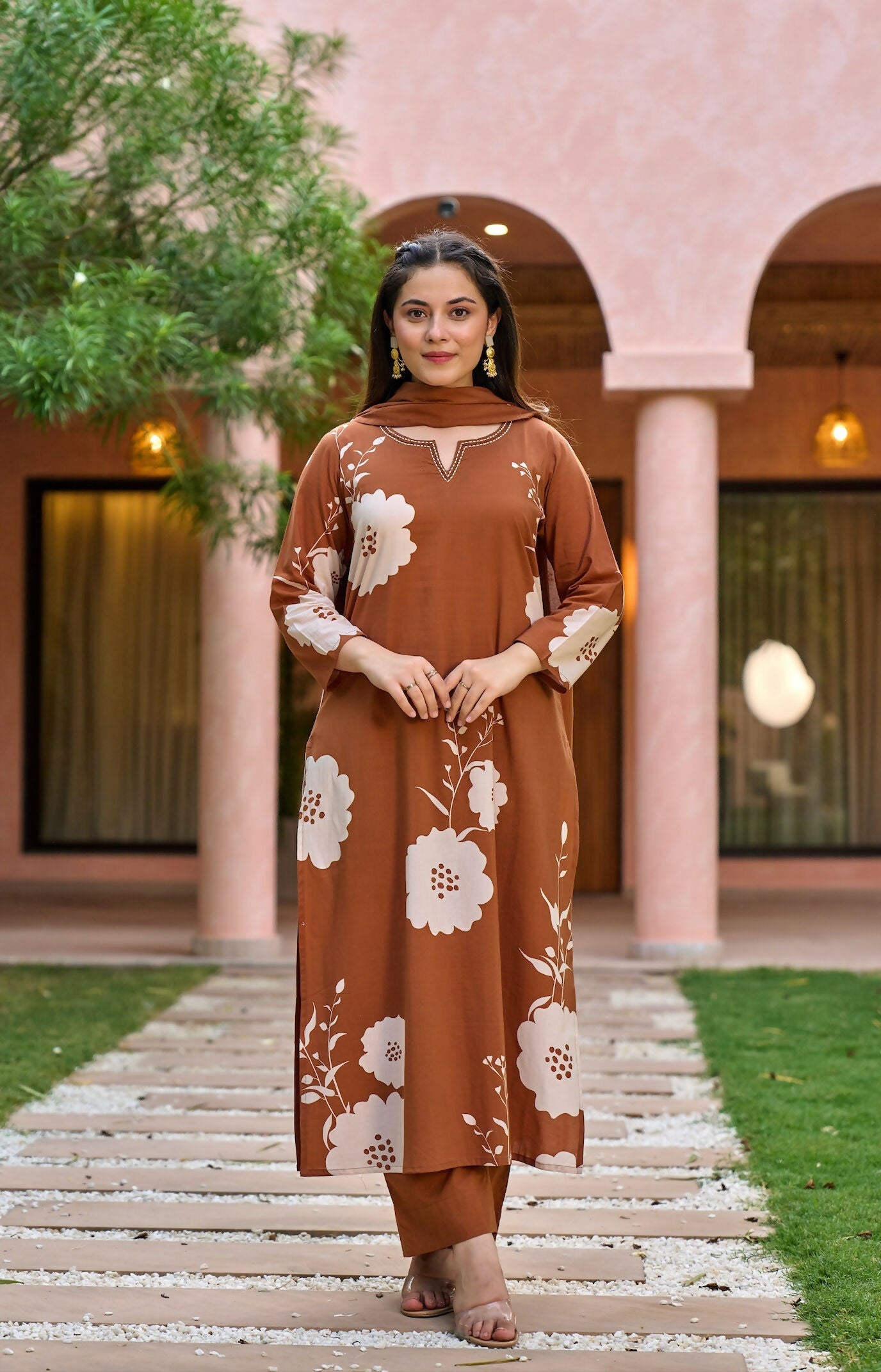 The52 Women's Gorgeous Printed Work Muslin Fabric Straight Kurta Pant and Dupatta Set-Brown