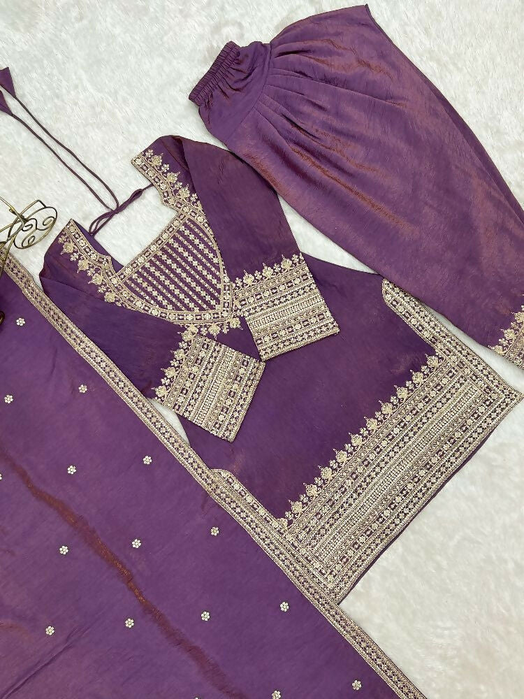 Teeya Creation Mauve Purple Afghani Salwar Suit Set With Elegant Zari Border