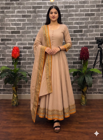 Teeya Creation New Trendy Stylish Cream Solid Anarkali Kurta with Traditional Golden Border Dupatta Set