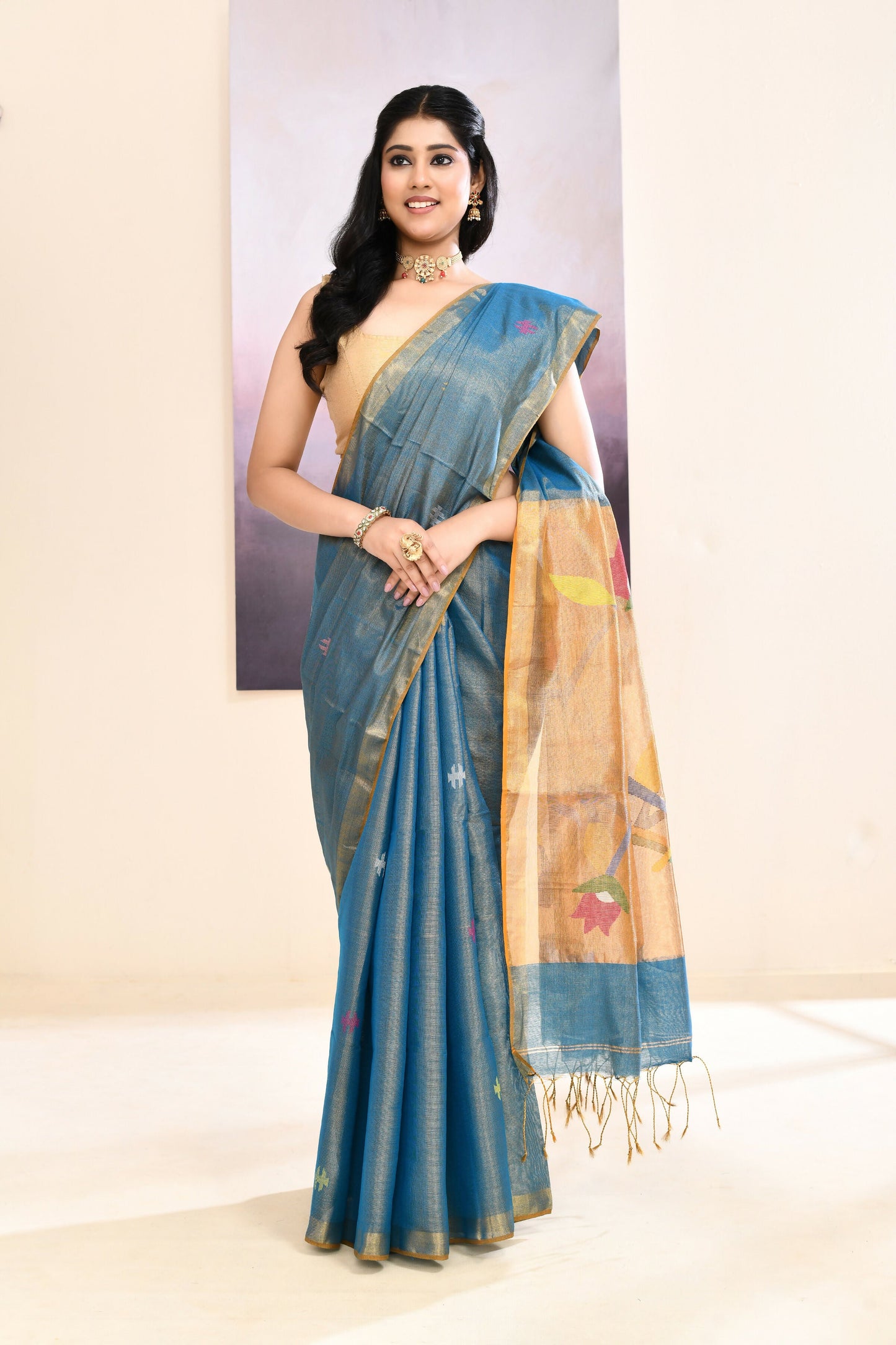 Piyari Fashion Women's Sky Blue Embellished Tissue Jamdani Saree