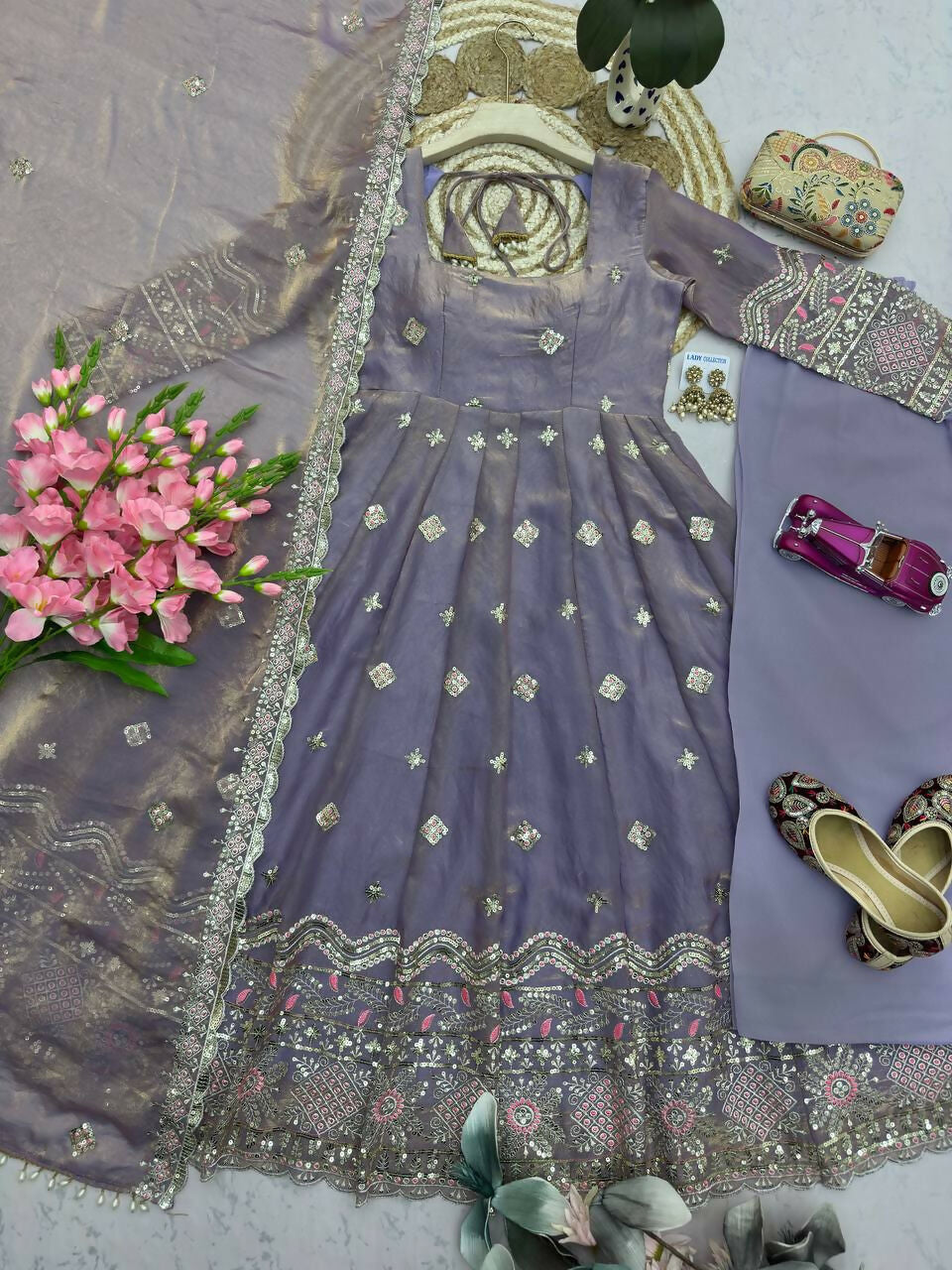 Teeya Creation Designer Lavender Ethnic Suit Set With Heavy Embroidery And Dupatta
