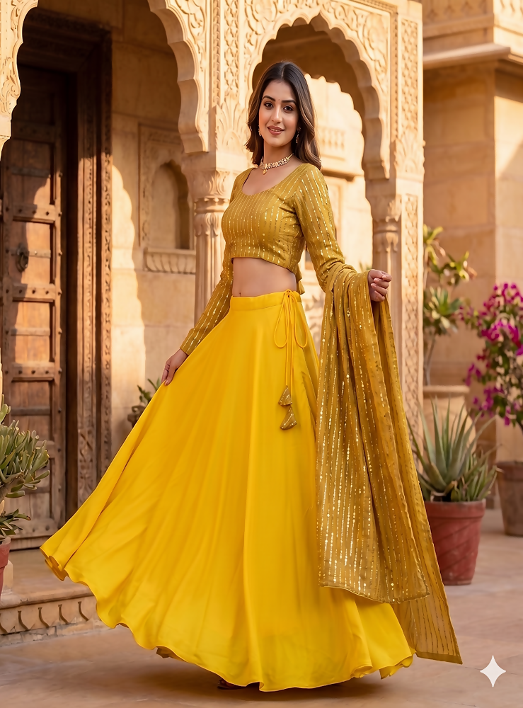 Teeya Creation Women's New Gold Designer Lehenga Choli Set with Sequin Embroidery Work