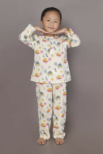 Breathables Kids Cotton Turtle Print Co-Ord Night Suit  White & Multi-Color