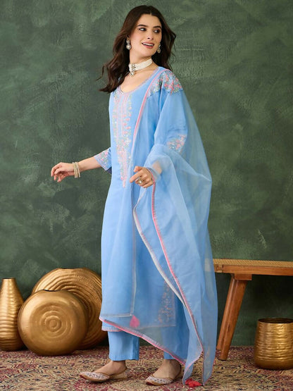 The52 Women's Gorgeous Embroidery Work Viscose Silk Fabric Straight Kurta Pant and Dupatta Set