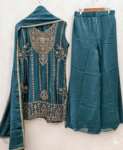Teeya Creation Womens New Trendy Stylish Heavy Embroiedery With Beads Work Teal Kurta Set
