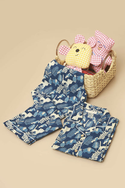 Breathables Kids Cotton Night Suit  Blue Jungle Print Shirt & Pyjama Co-Ord Set For Boys & Girls