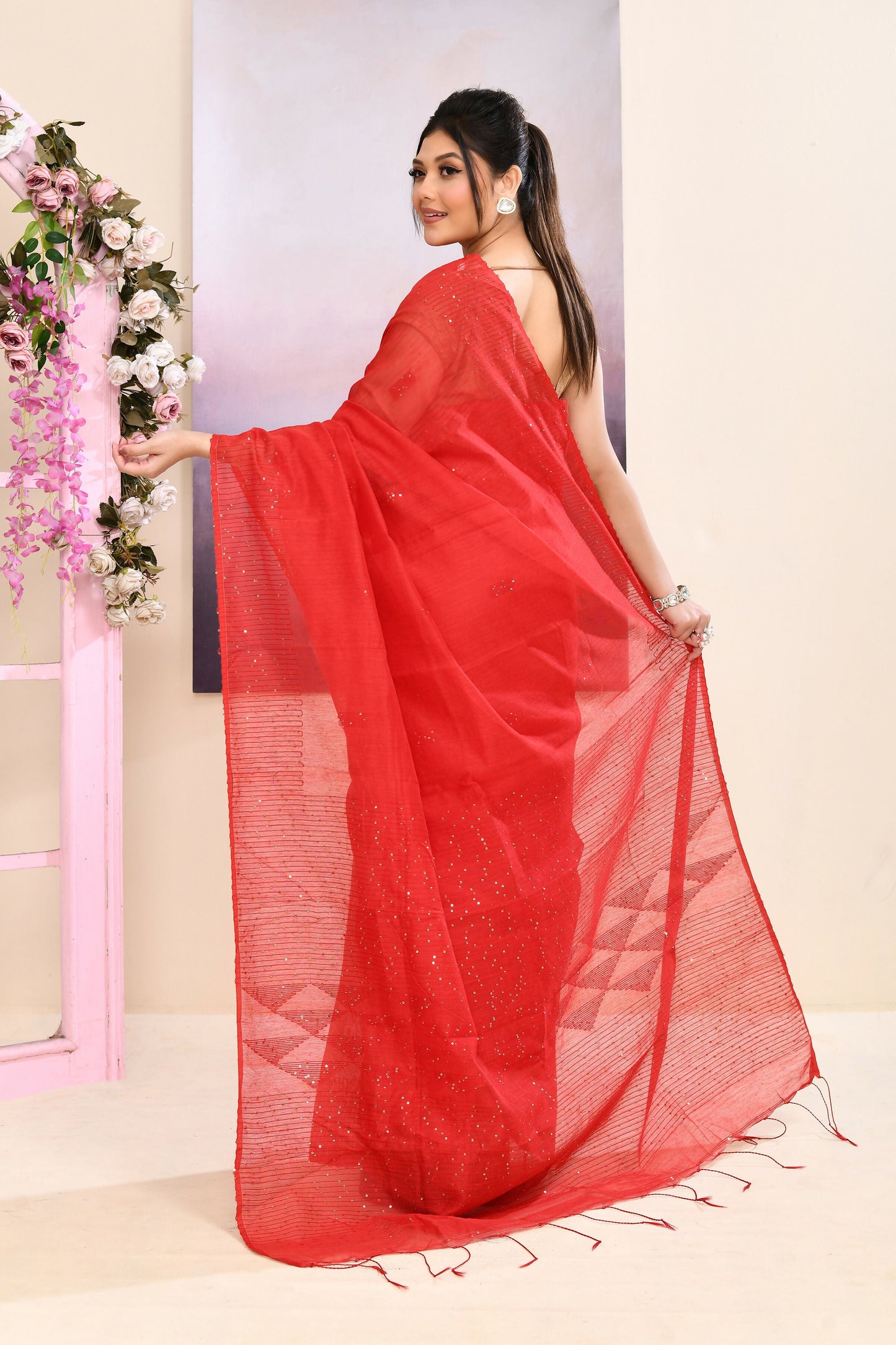 Piyari Fashion Women's Red Self Sequins Embellished Cotton Blend Jamdani Saree