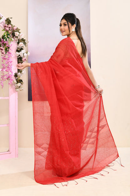 Piyari Fashion Women's Red Self Sequins Embellished Cotton Blend Jamdani Saree