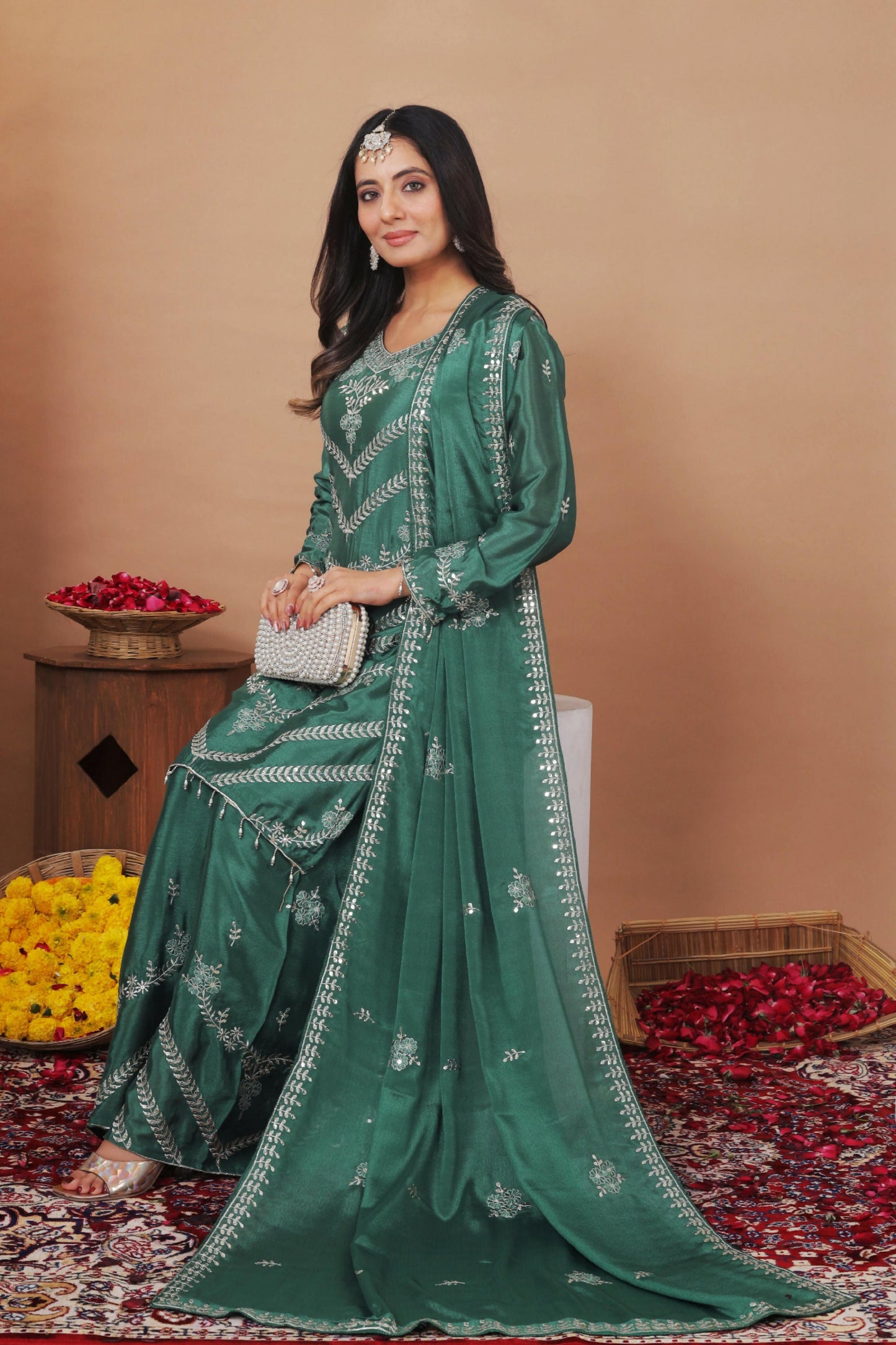 The52 Women's Gorgeous Embroidery Work Chinon Fabric Straight Kurta Sharara and Dupatta Set-Green