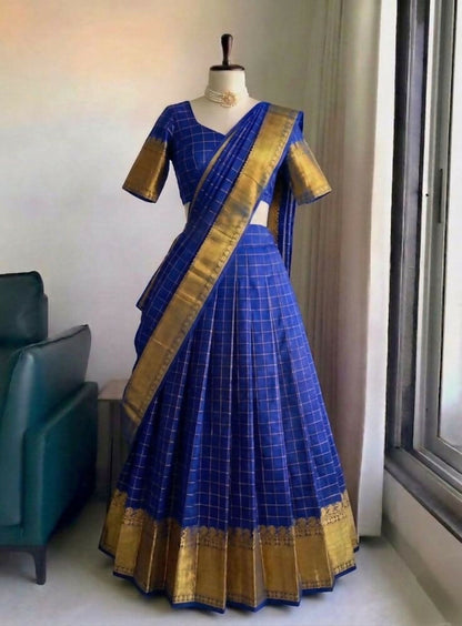Teeya Creation Vibrant Royal Blue Checkered Silk Lehenga Choli with Antique Gold Border