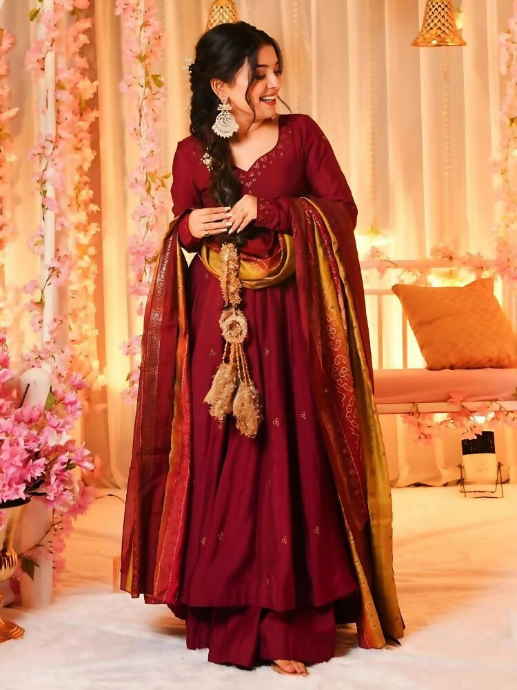 The52 Women's Beautiful Printed Work Viscose Fabric Flared Anarkali Palazzo and Dupatta Set