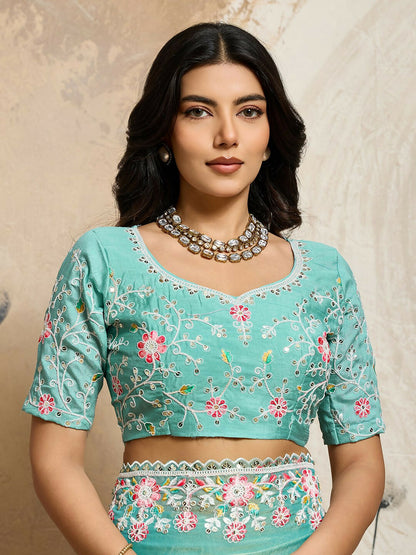 Teeya Creation New Trendy Wedding Special Party Wear Soft Nxc Moss Chiffon Saree-Aqua_Blue