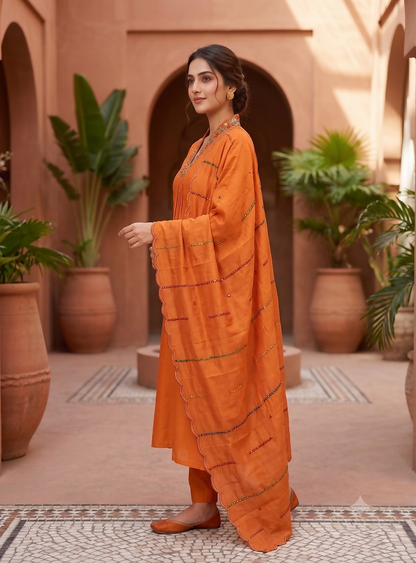 Teeya Creation Orange Silk Kurta Pant Set With Scalloped Dupatta