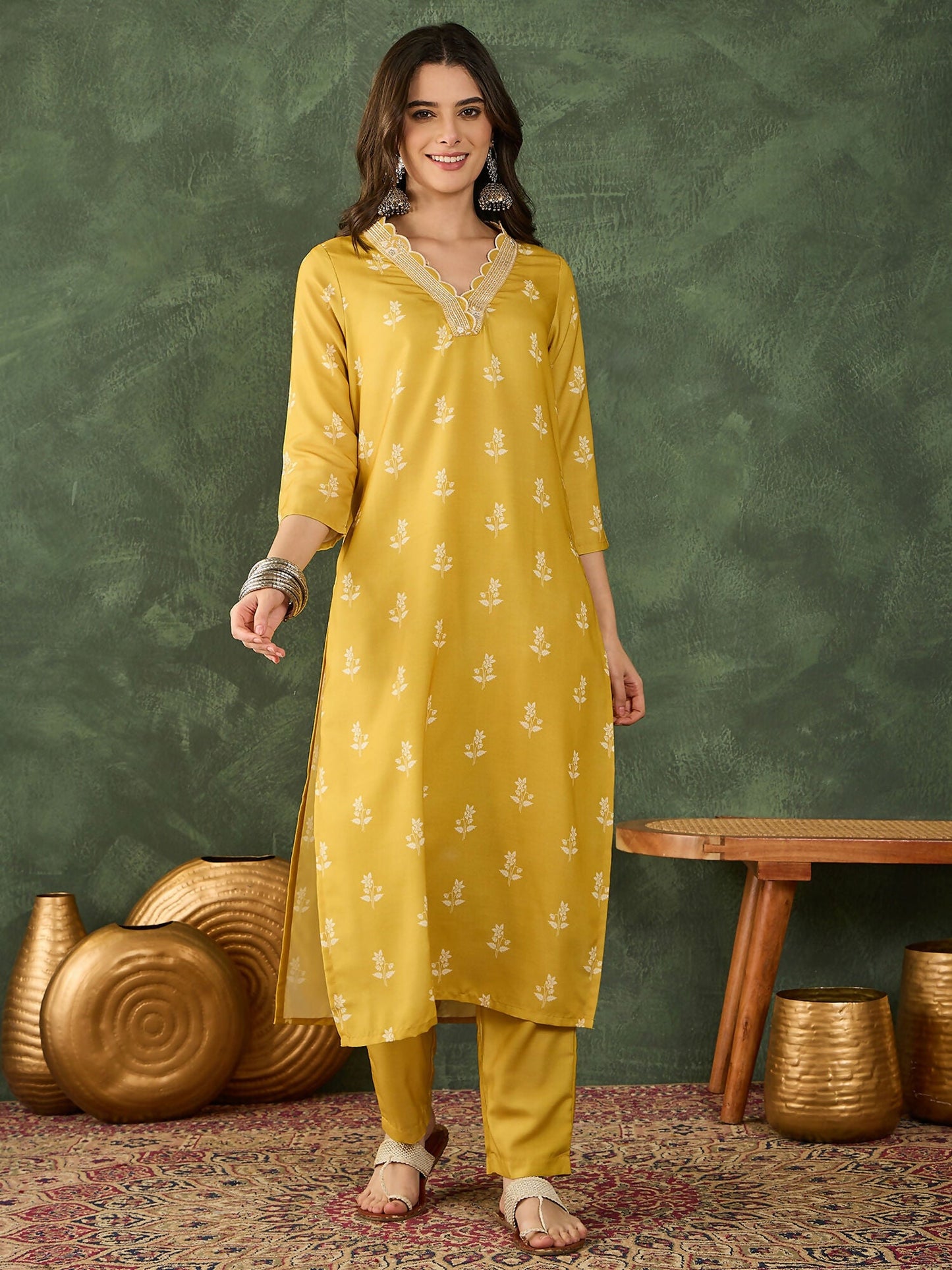 The52 Women's Gorgeous Rayon Fabric Printed Work Straight Kurta Pant and Dupatta Set-Yellow