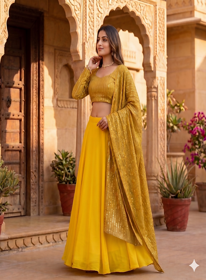 Teeya Creation Women's New Gold Designer Lehenga Choli Set with Sequin Embroidery Work