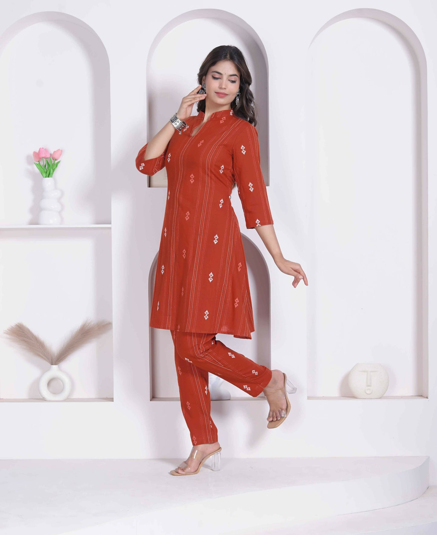 Miravan Womens Rust Color Abstract Printed Cotton Kurta With Palazzo