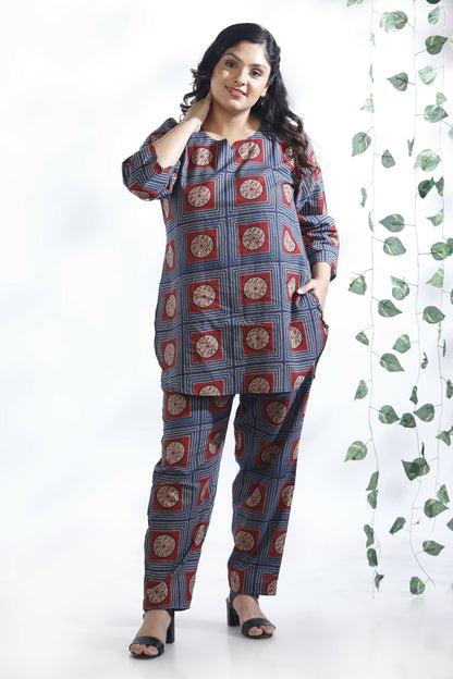 Breathables WomenS Blue Cotton Geometric Print Loungewear Co-Ord Set  Hip-Length Kurta & Pants