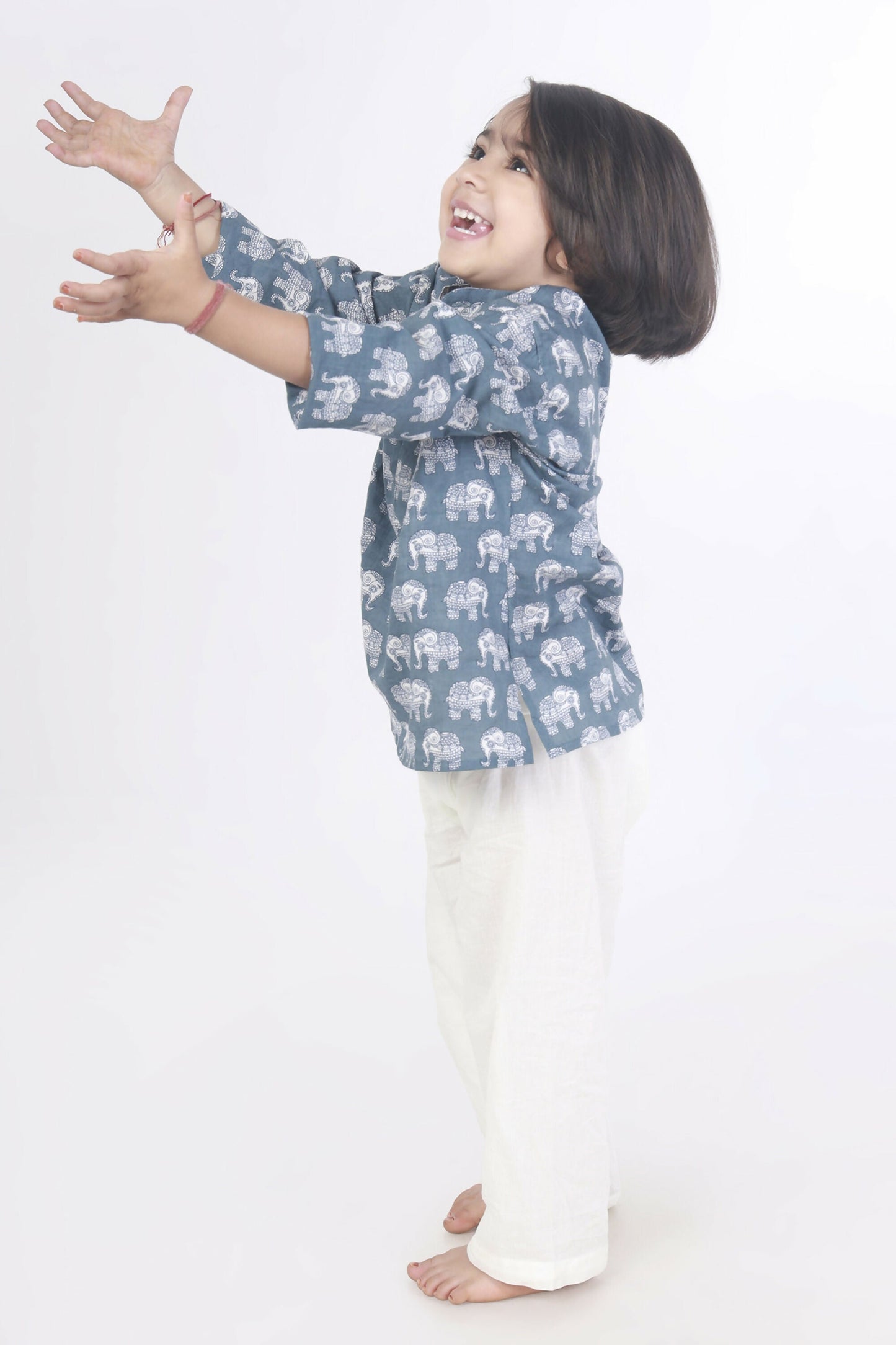 Breathables Kids Boys & Girls Cotton Night Suit  Grey Elephant Print Kurta & Pyjama Co-Ord Set