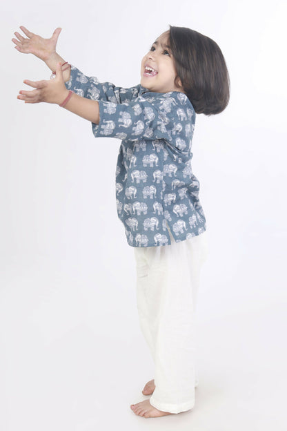Breathables Kids Boys & Girls Cotton Night Suit  Grey Elephant Print Kurta & Pyjama Co-Ord Set