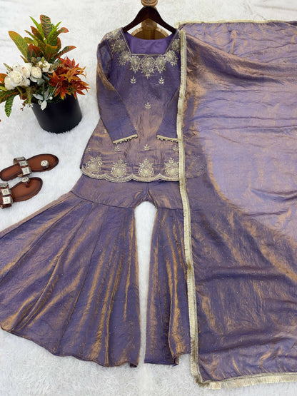 Teeya Creation Womens New Fancy Embroidery Sequence Work With Zarkan Diamond Work Lavender Kurta Set