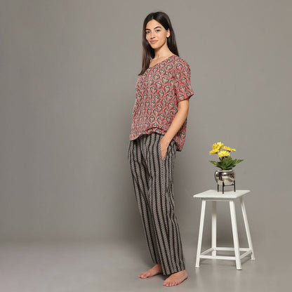 Breathables Women Cotton Printed Loungewear Kurta And Pants Co-Ord Set Red & Navy I Nightwear