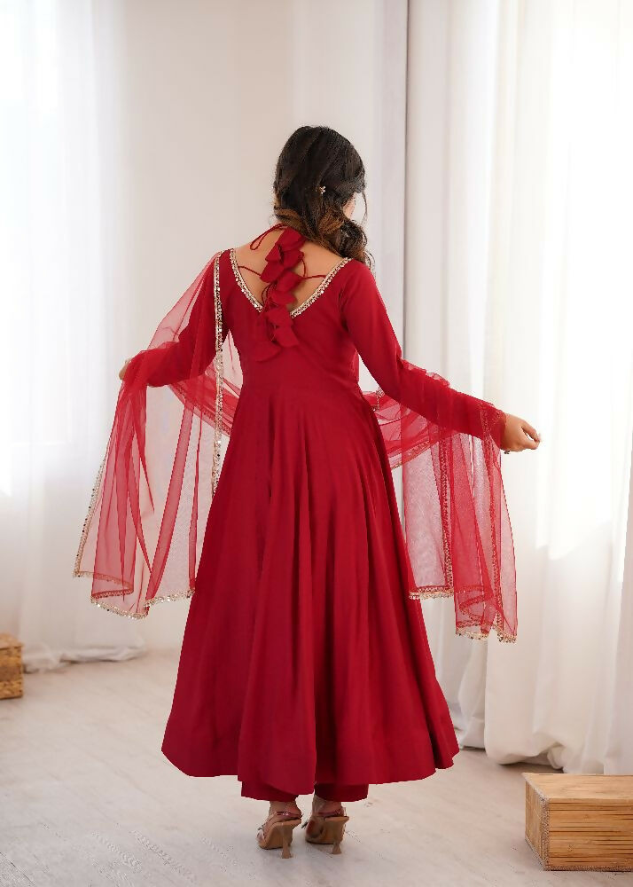 The52 Women's Gorgeous Embroidery Work Roman Silk Chanderi Fabric Flared Anarkali Pant and Dupatta Set
