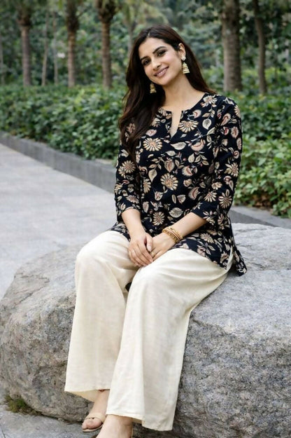 Teeya Creation Womens New Trendy Black Floral Printed Short Kurti with Beige Palazzo Set