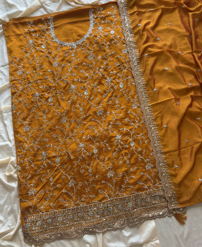 KC Yellow Silk Straight Suit For Women Heavy Embroidery Work
