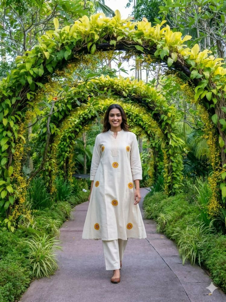 Teeya Creation New Latest Women Off-White & Yellow Embroidered Cotton A-Line Kurta with Trousers
