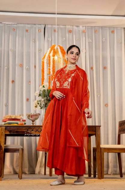 The52 Women's Gorgeous Embroidery Work Chanderi Silk Fabric Flared Kurta Pant and Dupatta Set-Orange