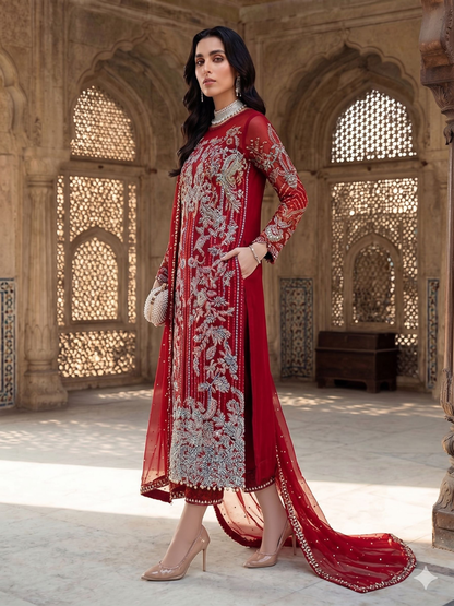 Teeya Creation Womens New Soft Net With Heavy Embroiedery With Sequence Work Red Kurta Set