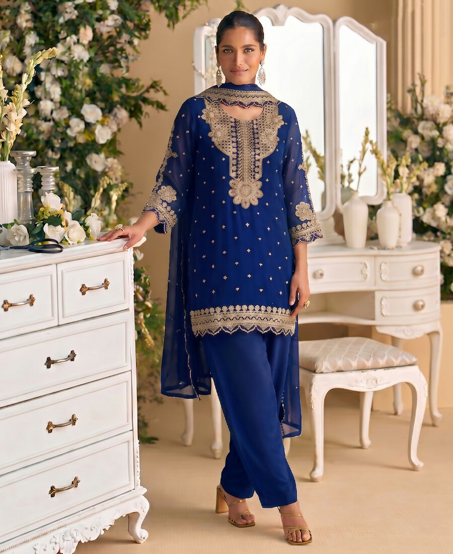 KC New Georgette Short Salwar Kameez Pakistani Style Navy Blue