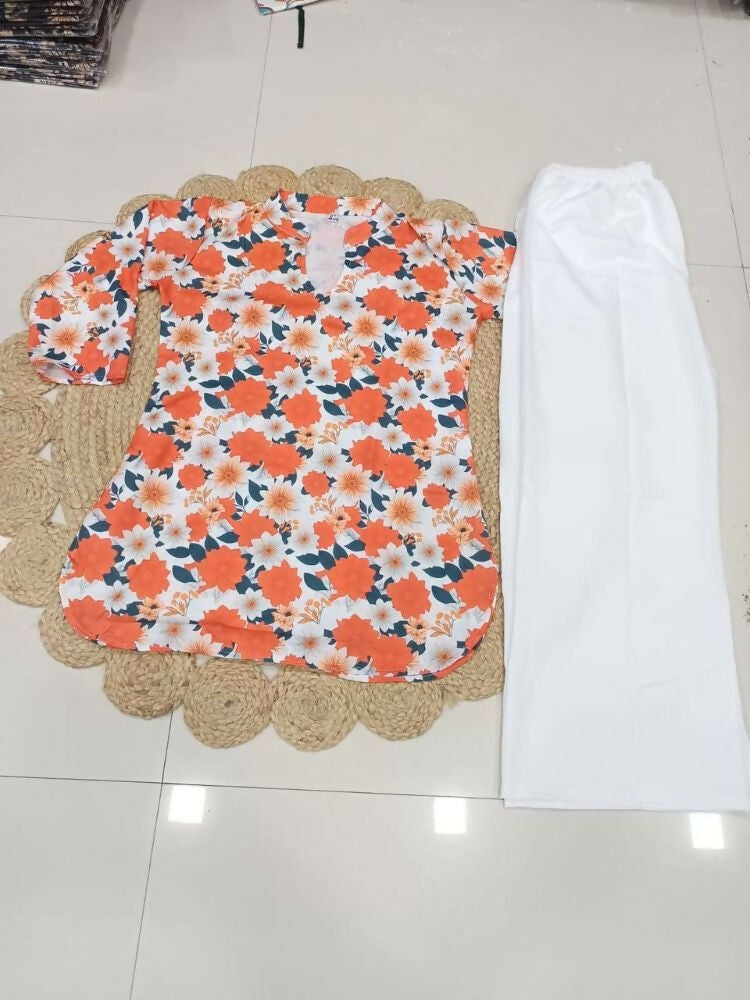 Teeya Creation Womens New Trendy Orange Flower Floral Printed Short Kurti with Beige Palazzo Set