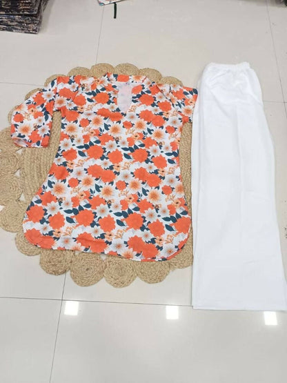 Teeya Creation Womens New Trendy Orange Flower Floral Printed Short Kurti with Beige Palazzo Set