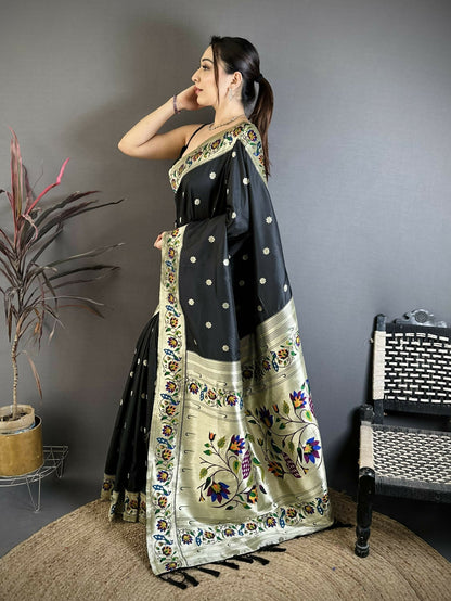 Prime Volt Premium Soft Silk Mayur Paithani Saree with Peacock Meena Weaving & Rich Pallu-Black