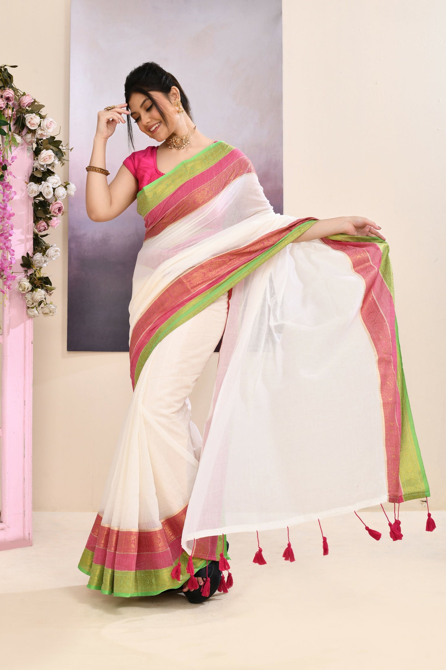 Piyari Fashion Women's Off White Embellished Zari Border Cotton Saree