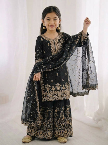 Teeya Creation Girls Heavy Embroidery Black Ethnic Kurta And Palazzo Set With Net Dupatta