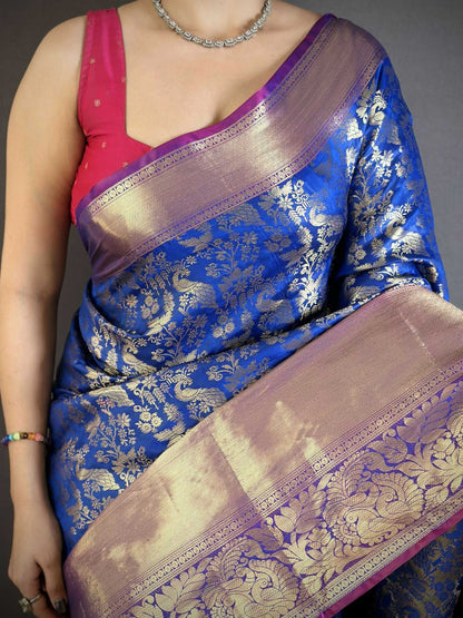 Prime Volt Pure Handloom Kanjivaram Katan Silk Saree with Antique Zari & Contrast Pallu-Royal Blue