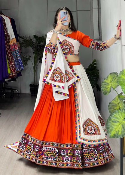 Yash Enterprise Orange White Rayon Cotton Embroidery Semi Stitched Navratri Top Chaniya Choli