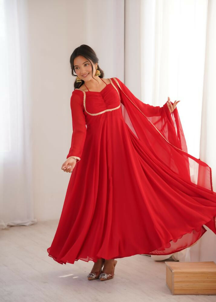 The52 Women's Gorgeous Solid Fox Blooming Georgette Fabric Flared Anarkali and Dupatta Set-Red