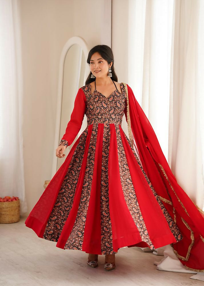 Teeya Creation Women's Red Black Paisley Print Anarkali Gown Set with Dupatta Festive Ethnic Wear