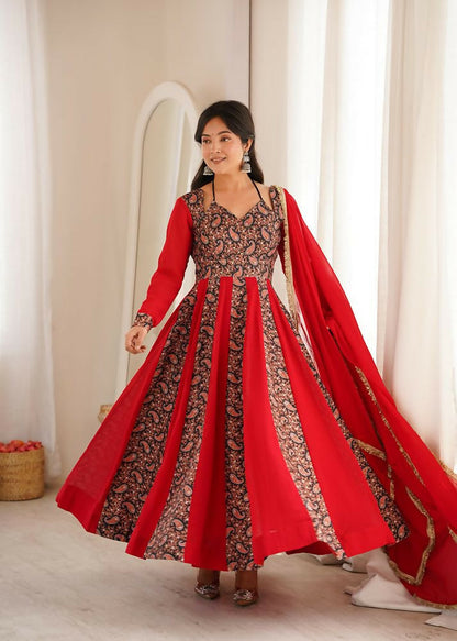 Teeya Creation Women's Red Black Paisley Print Anarkali Gown Set with Dupatta Festive Ethnic Wear
