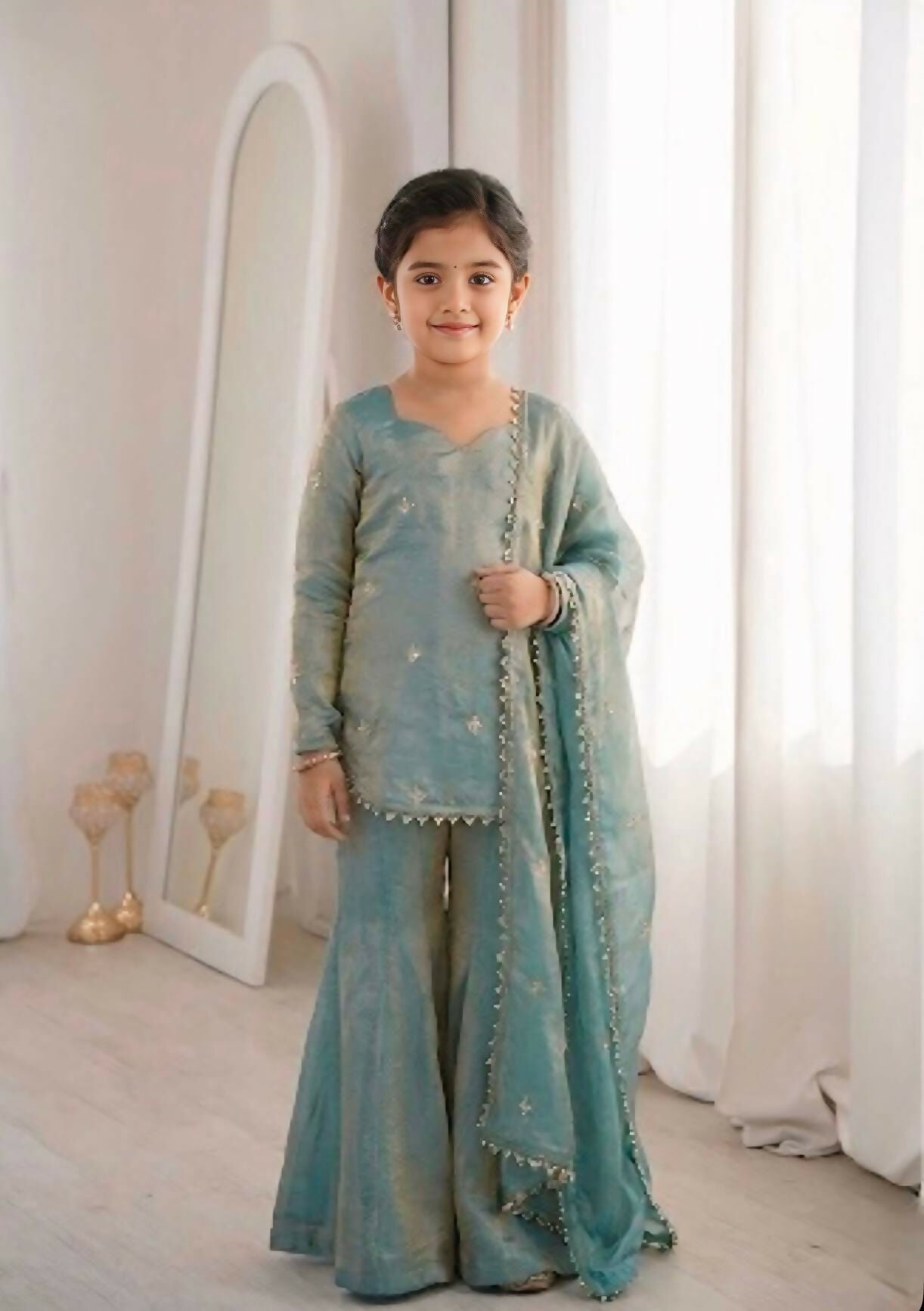 Teeya Creation New Stylish Embroidered Kids Kurta Palazzo Set-Blue