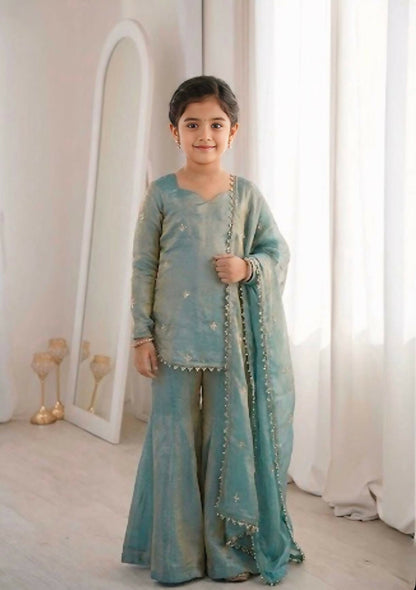 Teeya Creation New Stylish Embroidered Kids Kurta Palazzo Set-Blue