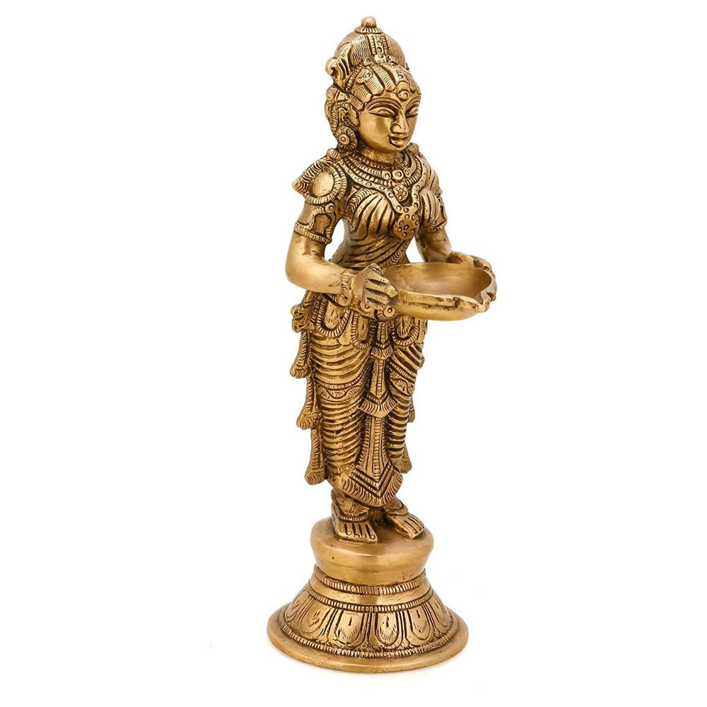 CraftVatika Brass Beautiful Lady Holding Diya Oil Lamp Stand Showpiece