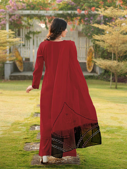 Nikhaar Maroon Embroidered Art Silk Stitched Straight Cut Kurta Palazzo Dupatta Readymade Suit