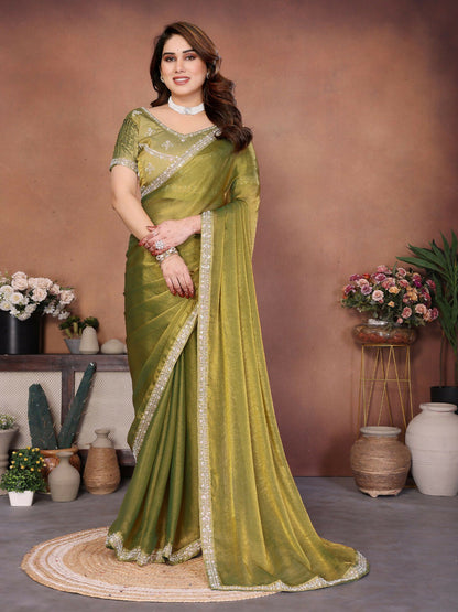 Teeya Creation Trendy Stylish Party Wear Fendy Chiffon Saree-Green