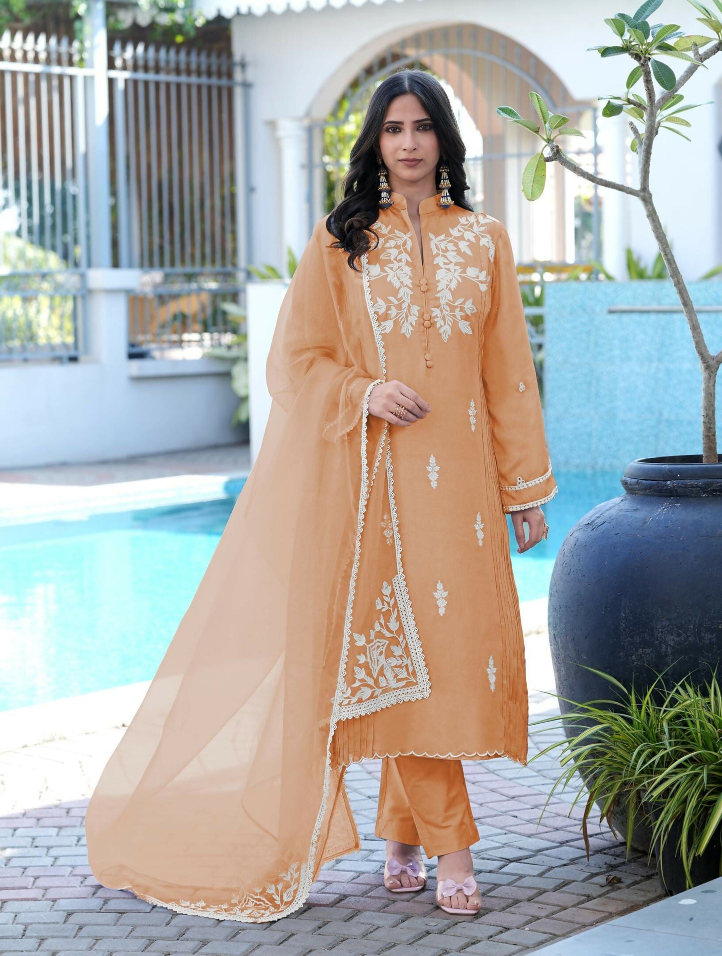 Nikhaar Orange Embroidered Modal Silk Stitched Straight Cut Kurta Pants Dupatta Readymade Suit