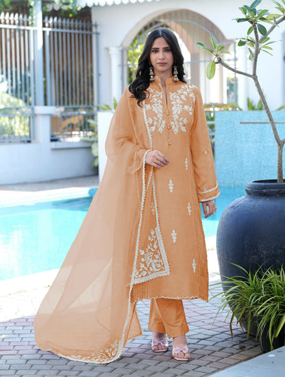Nikhaar Orange Embroidered Modal Silk Stitched Straight Cut Kurta Pants Dupatta Readymade Suit
